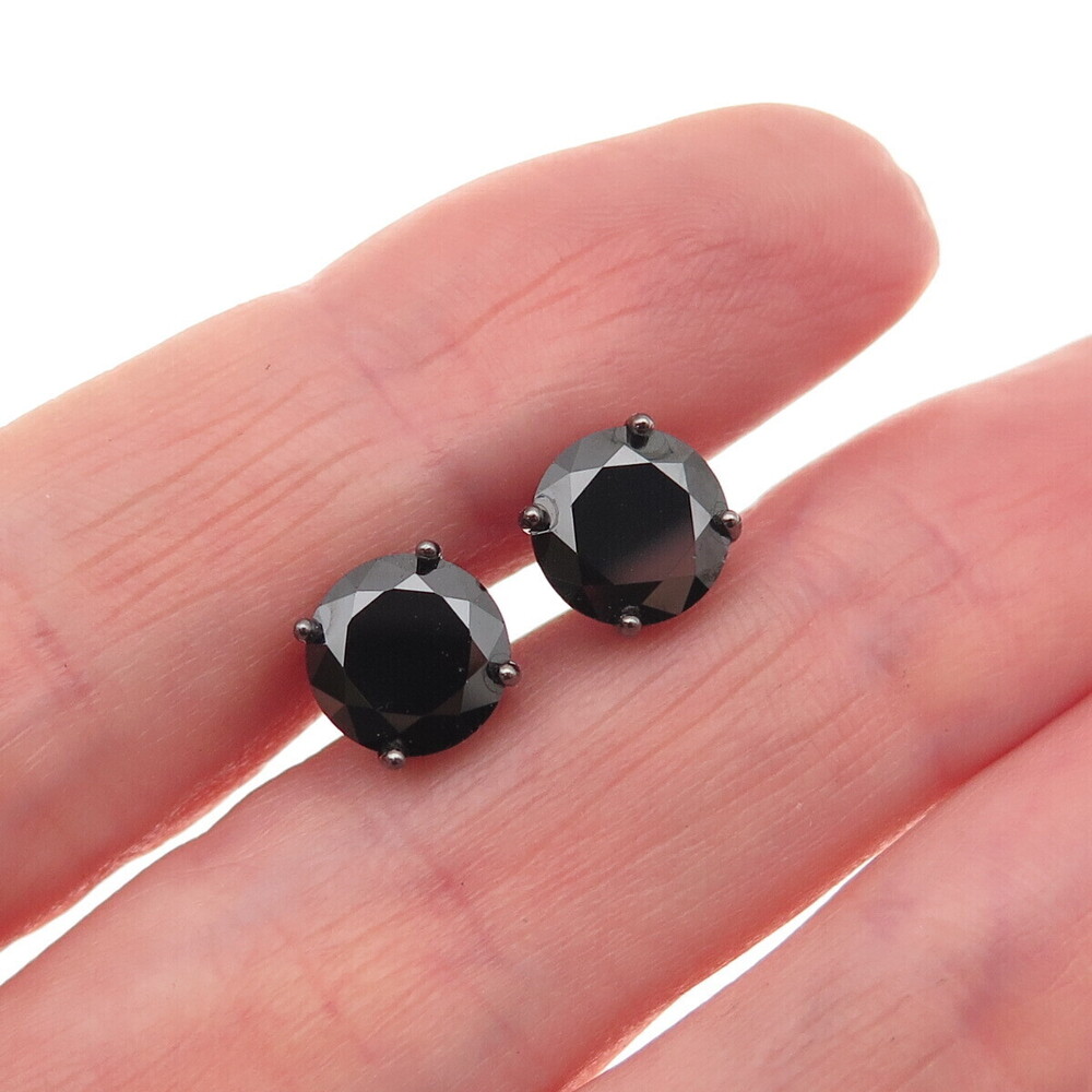 925 Sterling Silver Black Rhodium Round-Cut C Z Stud Earrings